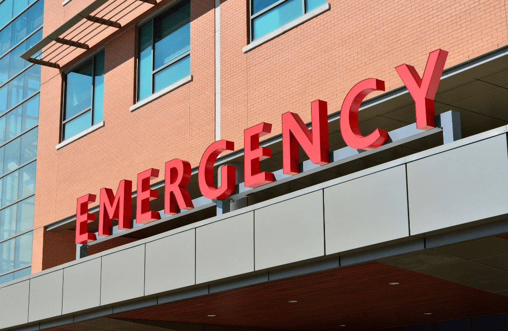 Hospital building with emergency signage