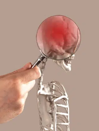 A doctor examining a skeleton with a magnifying glass